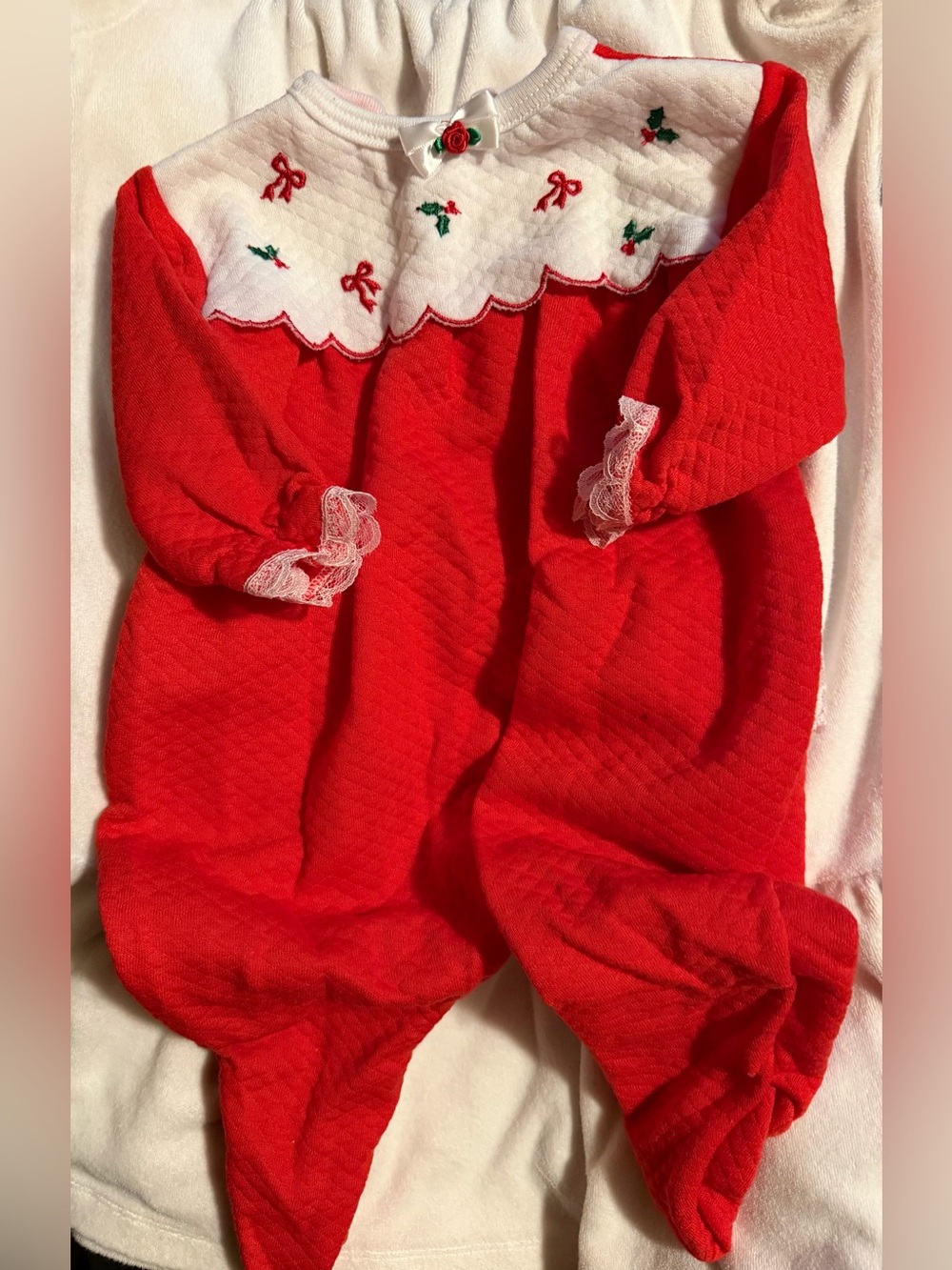 Vintage Red Christmas Baby Footed Sleeper with White Yoke and Holly Embroidery
